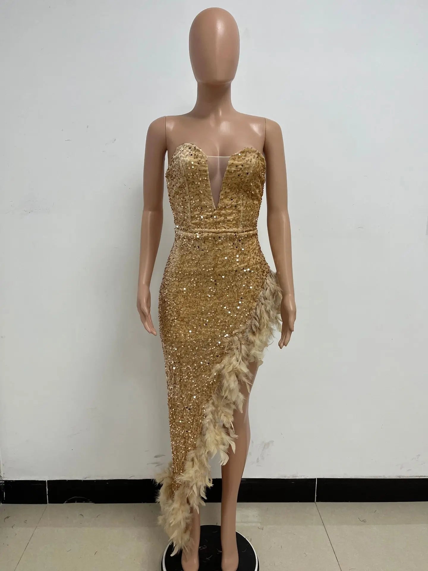 Sequin Feather Evening Gown