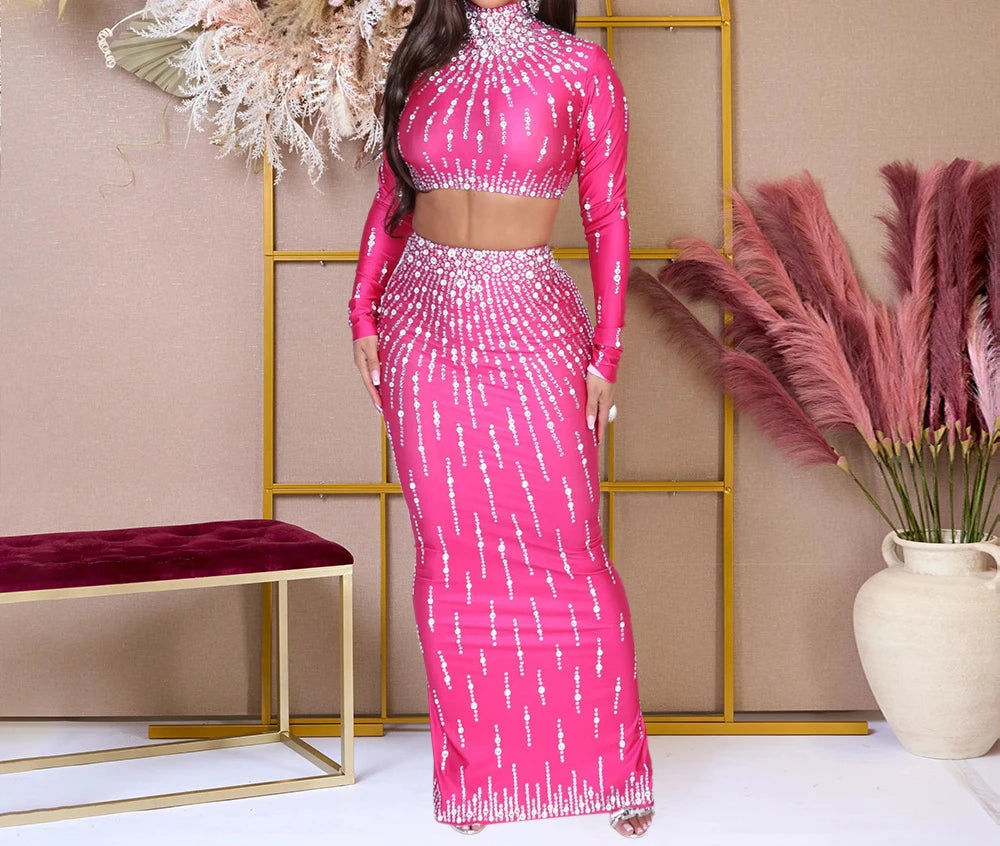 Printed Rhinestone Maxi Dress