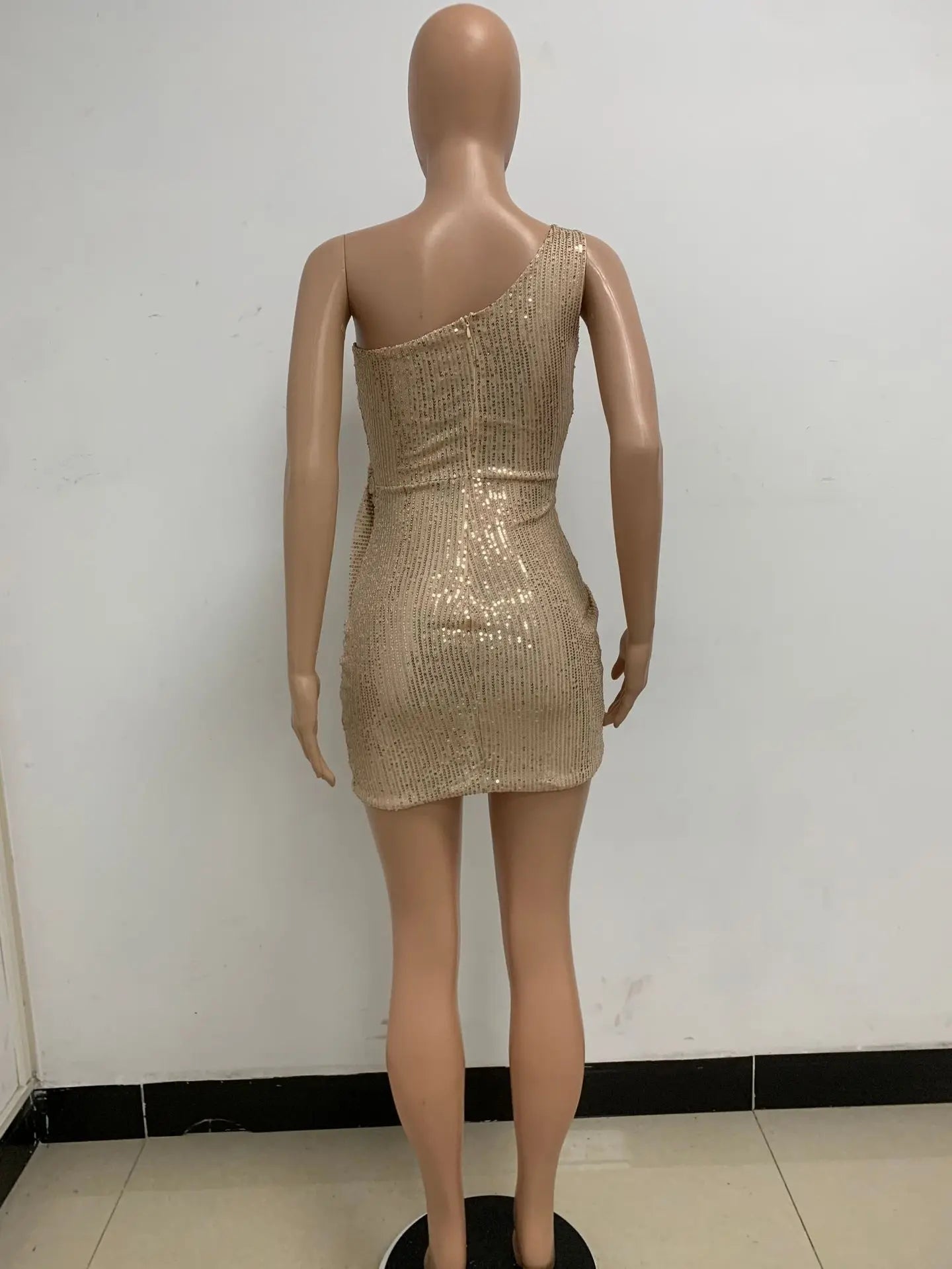 One Shoulder Pleated Sequin Dress