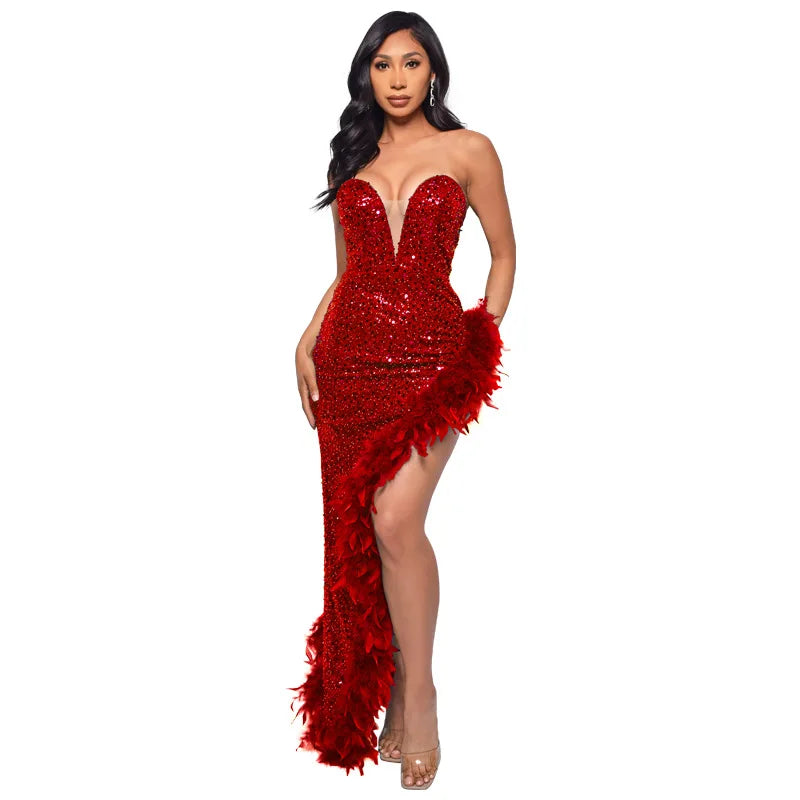 Sequin Feather Evening Gown
